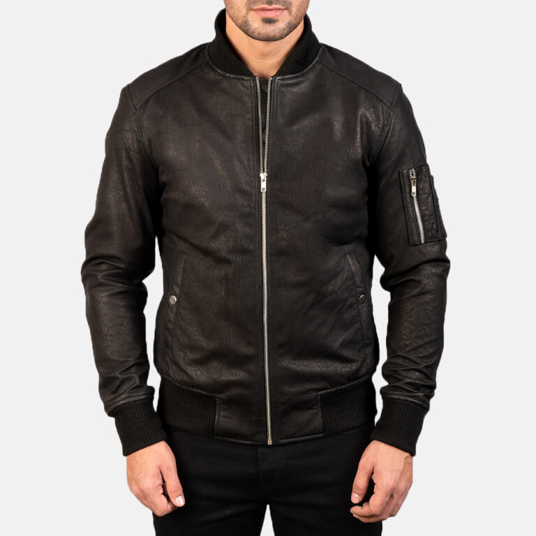Mens Bomia Ma-1 Distressed Black Leather Bomber Jacket7732-4-1578998538348
